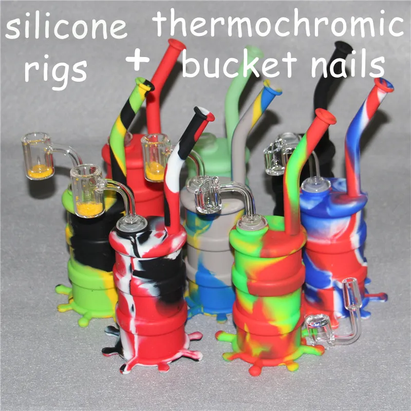 Silicon Oil Rigs silicone bubbler bong Silicone Hookah Bongs Silicon Oil Dab Rigs Pipes With Quartz Thermochromic Bucket Banger