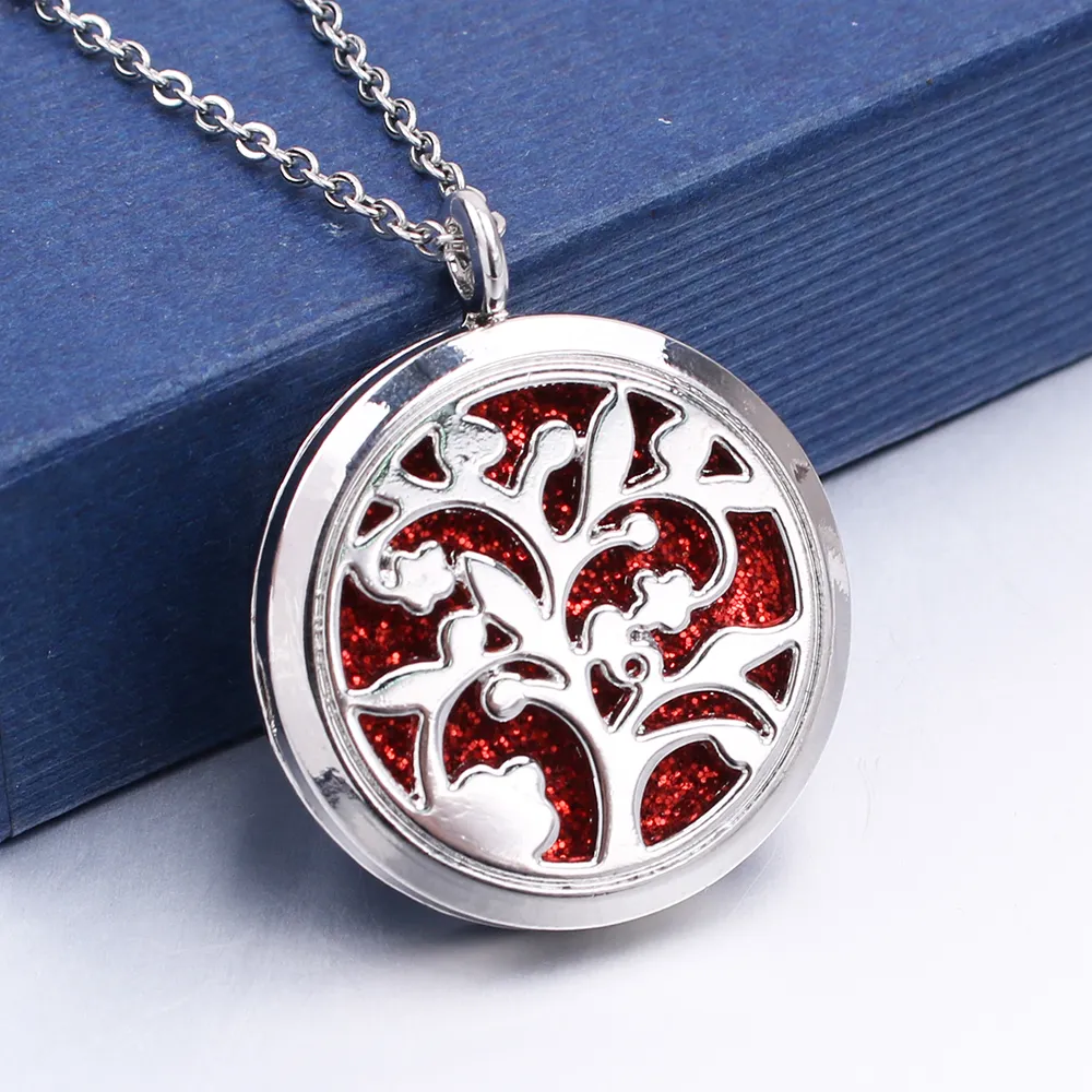 Magnetic Open Round 30mm Tree of Life Pendant Rostfritt Stål Halsband Arom Parfym Essential Oljediffusor Locket Halsband