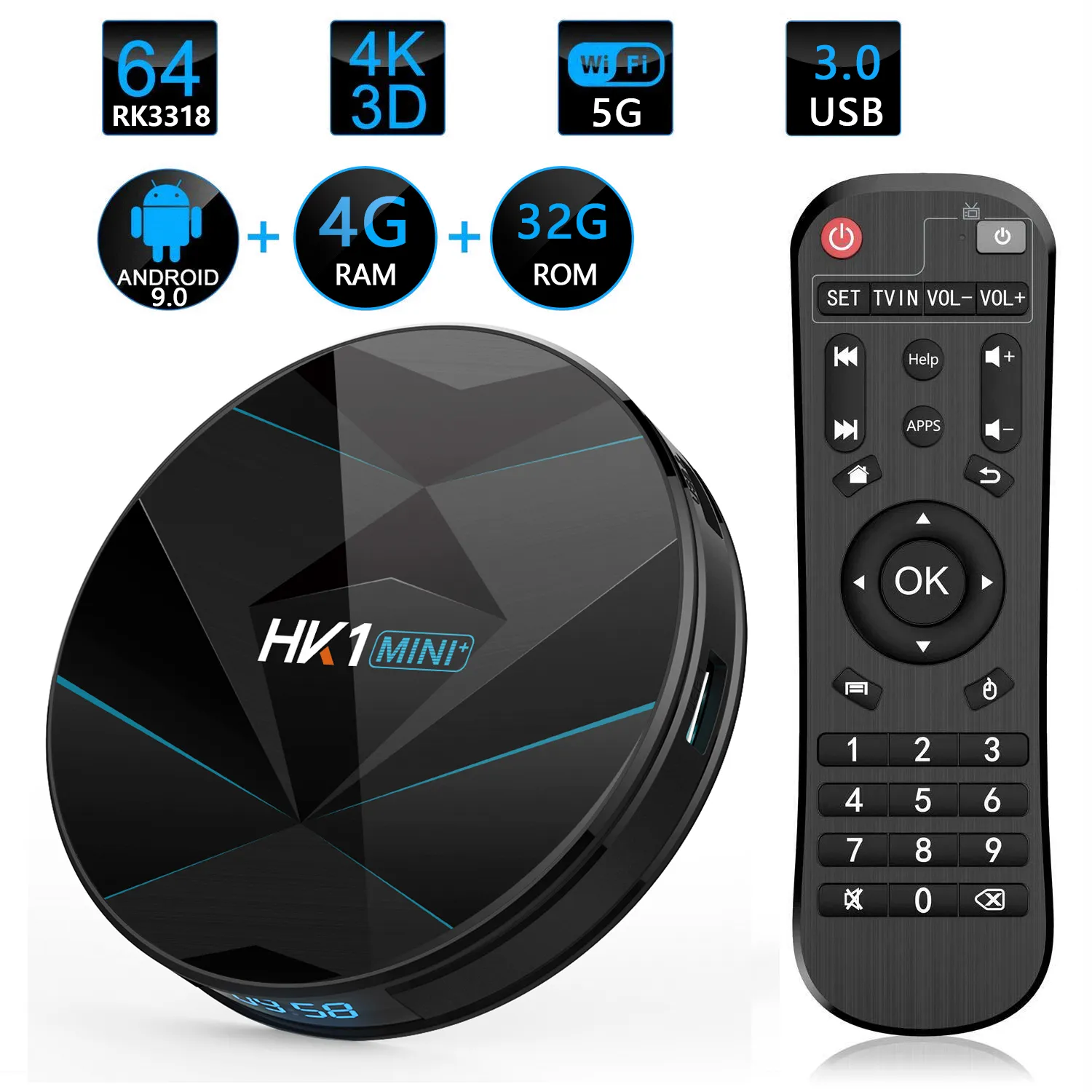 새로운 HK1 미니 + 스마트 TV 박스 안드로이드 9.0 4GB + 64GB RK3229 쿼드 코어 와이파이 2.4G 4K 3D HK1mini 구글 넷플릭스 셋톱 박스