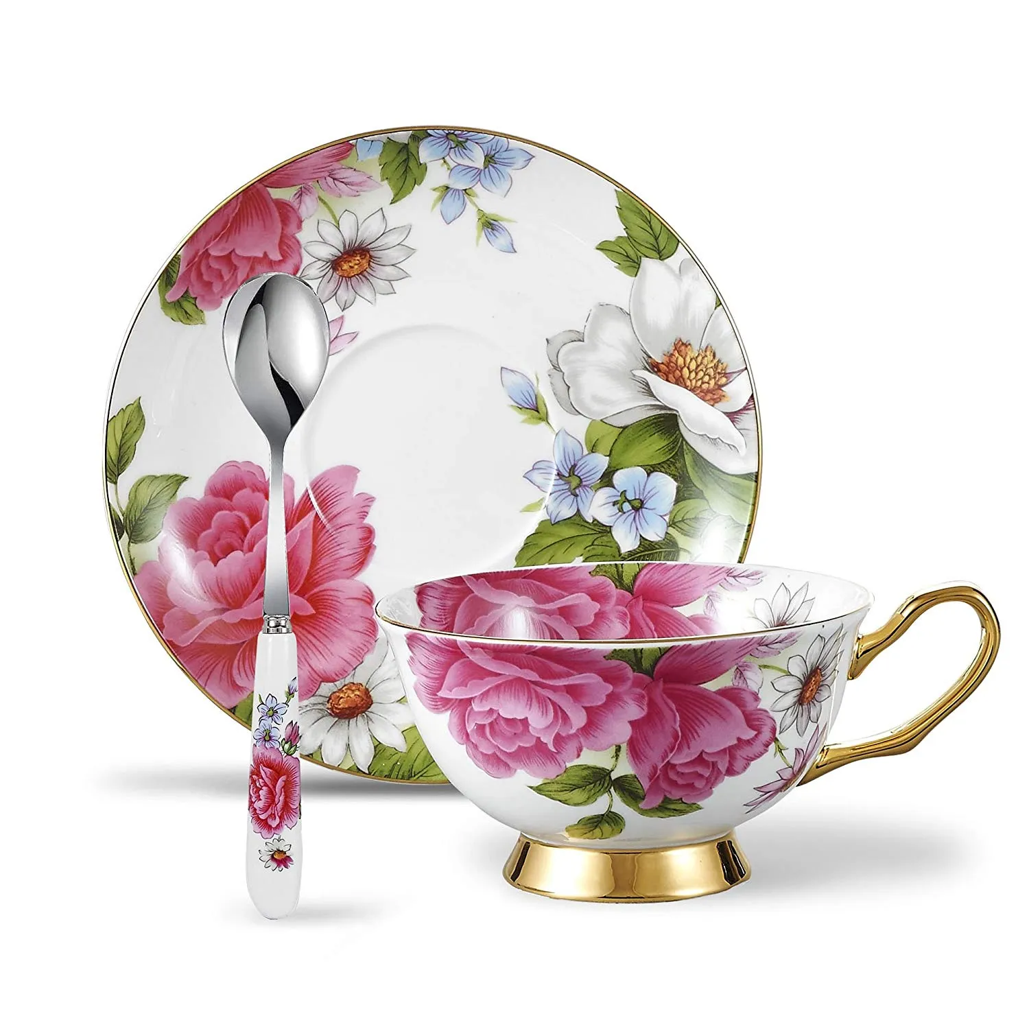 3 Piece Bone China Tea Cup and Saucer Set with Spoon Porcelain Gold Rimmed Coffee Teacup 200 ml