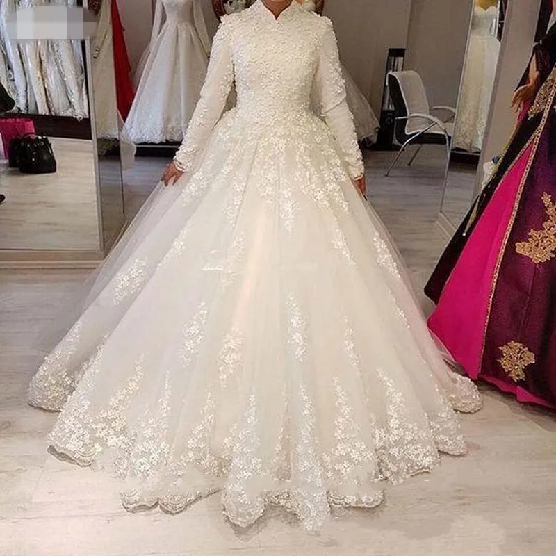 2020 Luxus Vintage Muslim Brautkleider Spitze High Neck Long Sleeves Weiß Applikationen geraffte Braut Kleider Brautkleider Robe Mariage