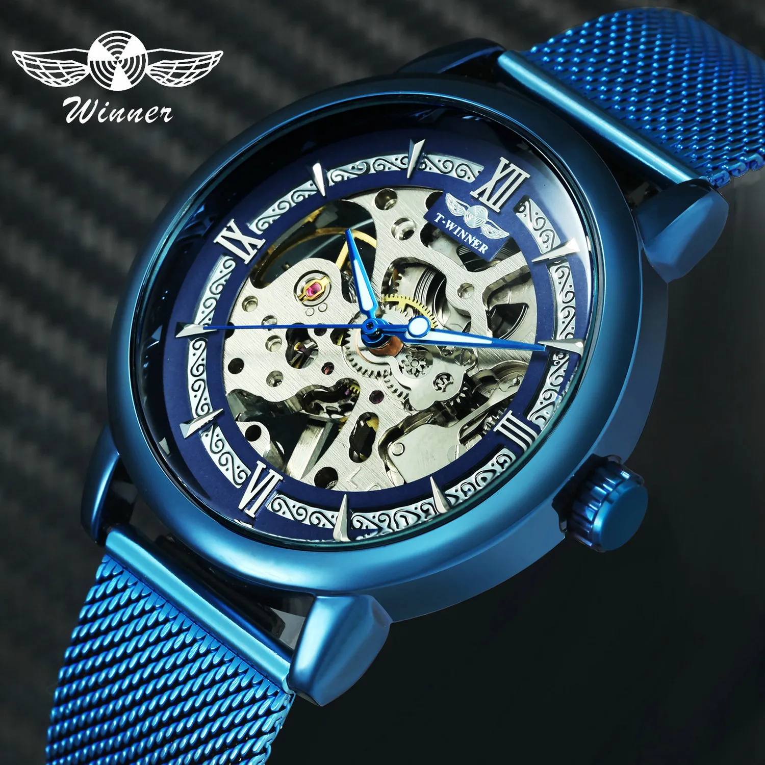 GAGNANT Officiel Mode Casual Hommes Montre Mécanique Bleu Bracelet En Maille Ultra Mince Squelette Hommes Montres Top Marque De Luxe Horloge 2019 CJ191217