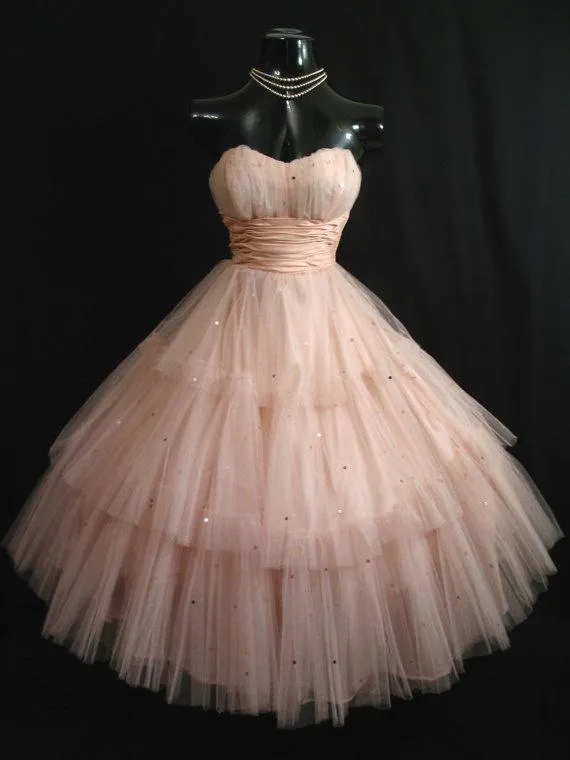 Vintage 50s Shell Pink Prom Dresses Strapless Layered Tulle