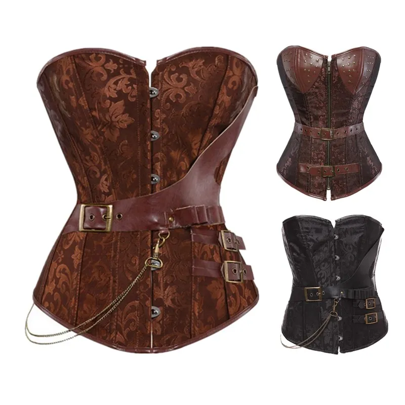 Kobiety Vintage Steampunk Gothic Jacquard Overbus Corset Top z łańcuchami i PU Skórzane Paski Accent S-6XL Plus Size Brown Black