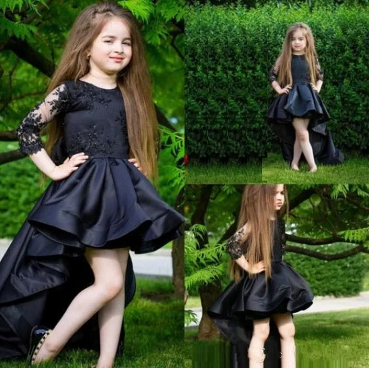 2020 Hi Lo Black Girls Pageant Dresses Jewel Neck 3/4 Długie Rękawy Aplikacje Kwiat Girl Dresses Kids Nosić Urodziny Communion Dress