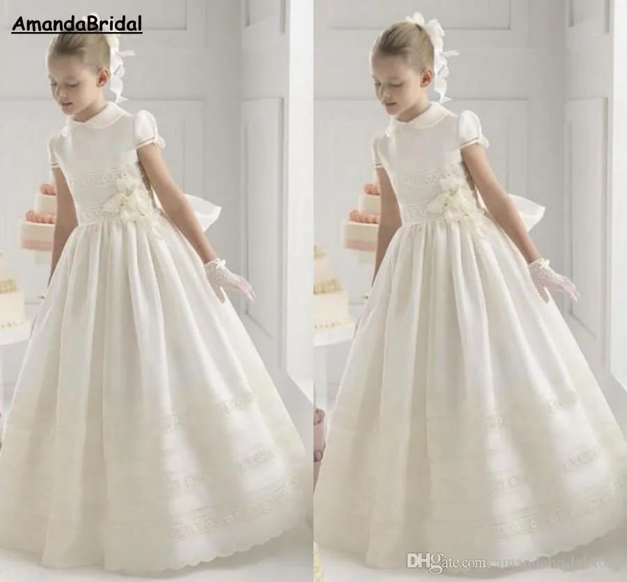 Flower Girls Dresses Satin Beautiful Lace High Collar Sash Ruffles Short Sleeve Floor Length Wedding Birthday Dress