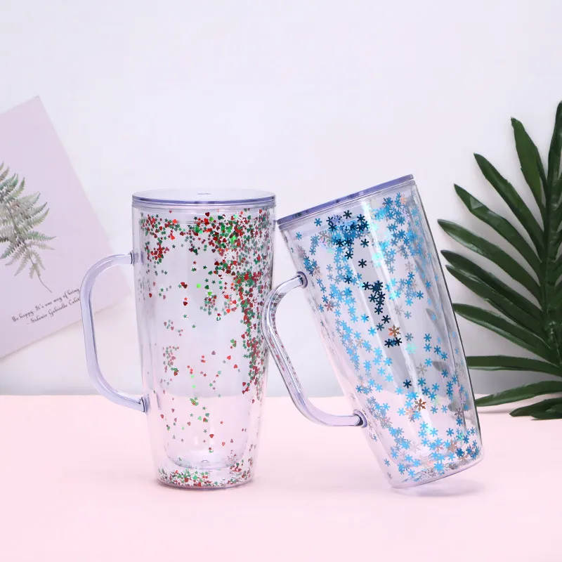 Clear Plastic Glitter For Tumblers With Straws 750ml Capacity, Double