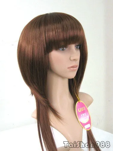 Yeni moda uzun kahverengi kabarık düz kadın bayan cosplay saç peruk perukları