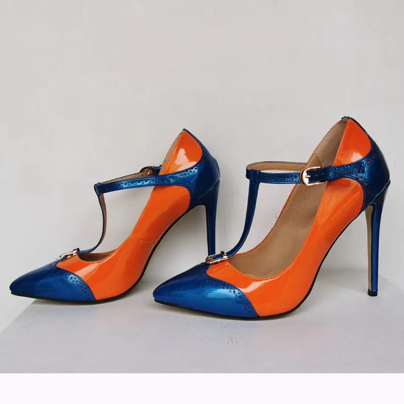 Olomm Handgemaakte Vrouwen T-strap Pumps Stiletto Hoge Hakken Pumps Puntschoen Prachtige Oranje Party Schoenen Vrouwen Plus Amerikaanse Maat 5-15