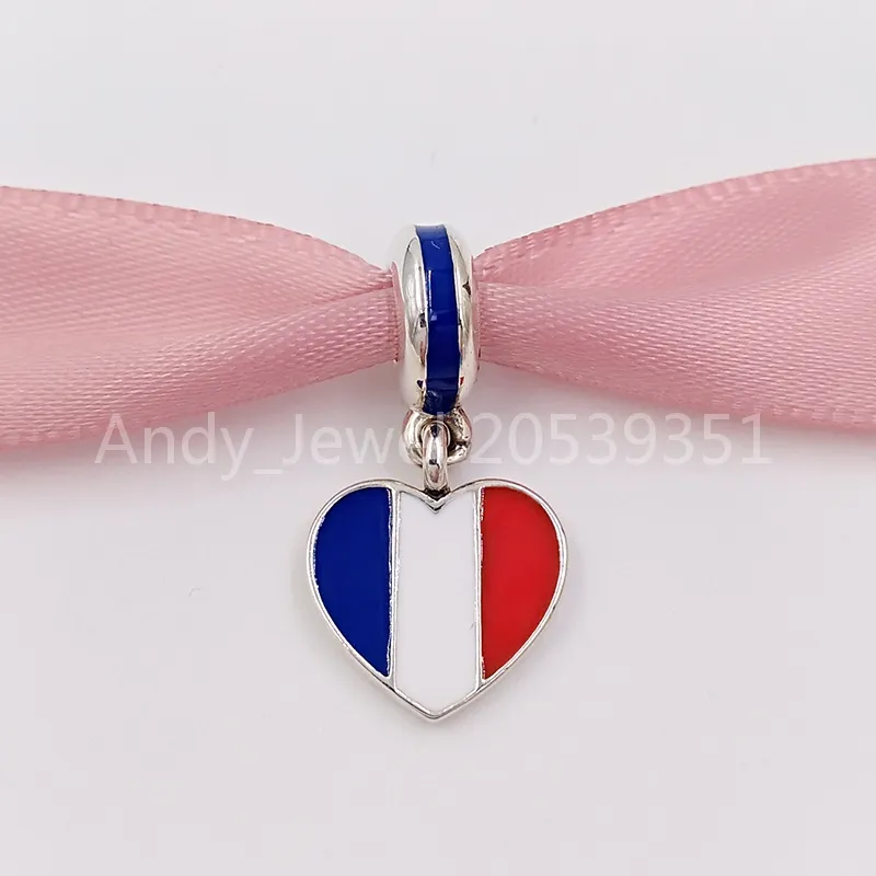 Andy Jewel 925 Sterling Silver Pandora France Heart Flag Silver Dingle With Blue White and Red Emamel Moments Women For Fit Charms Beads Armband 791546Enmx