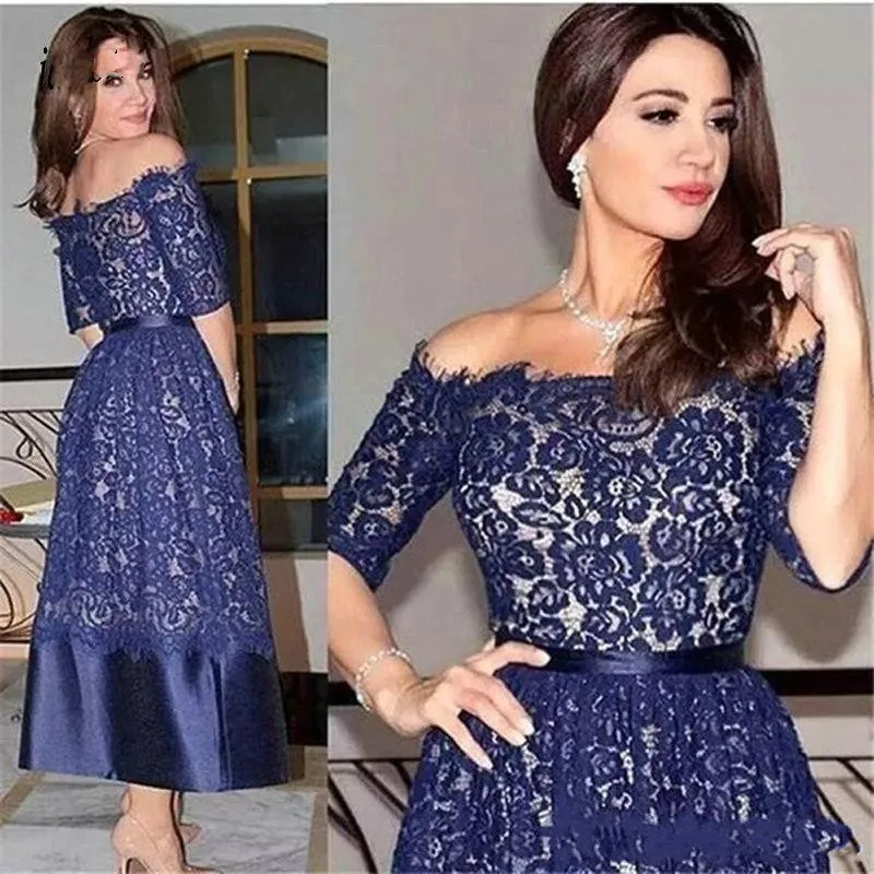2020 Tea Length Navy Blue Lace Mother Of The Bride Dresses Off Shoulder Sleeves Ribbon Evening Gowns Party Formal Dress Women Plus Size