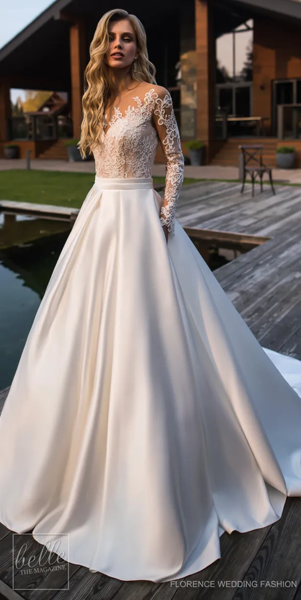 Vestidos de novia de encaje simples Sheer Jewel Neck A Line Falda de sat n Sweep Train Apliques Vestidos de novia de manga larga Magn fico vestido de