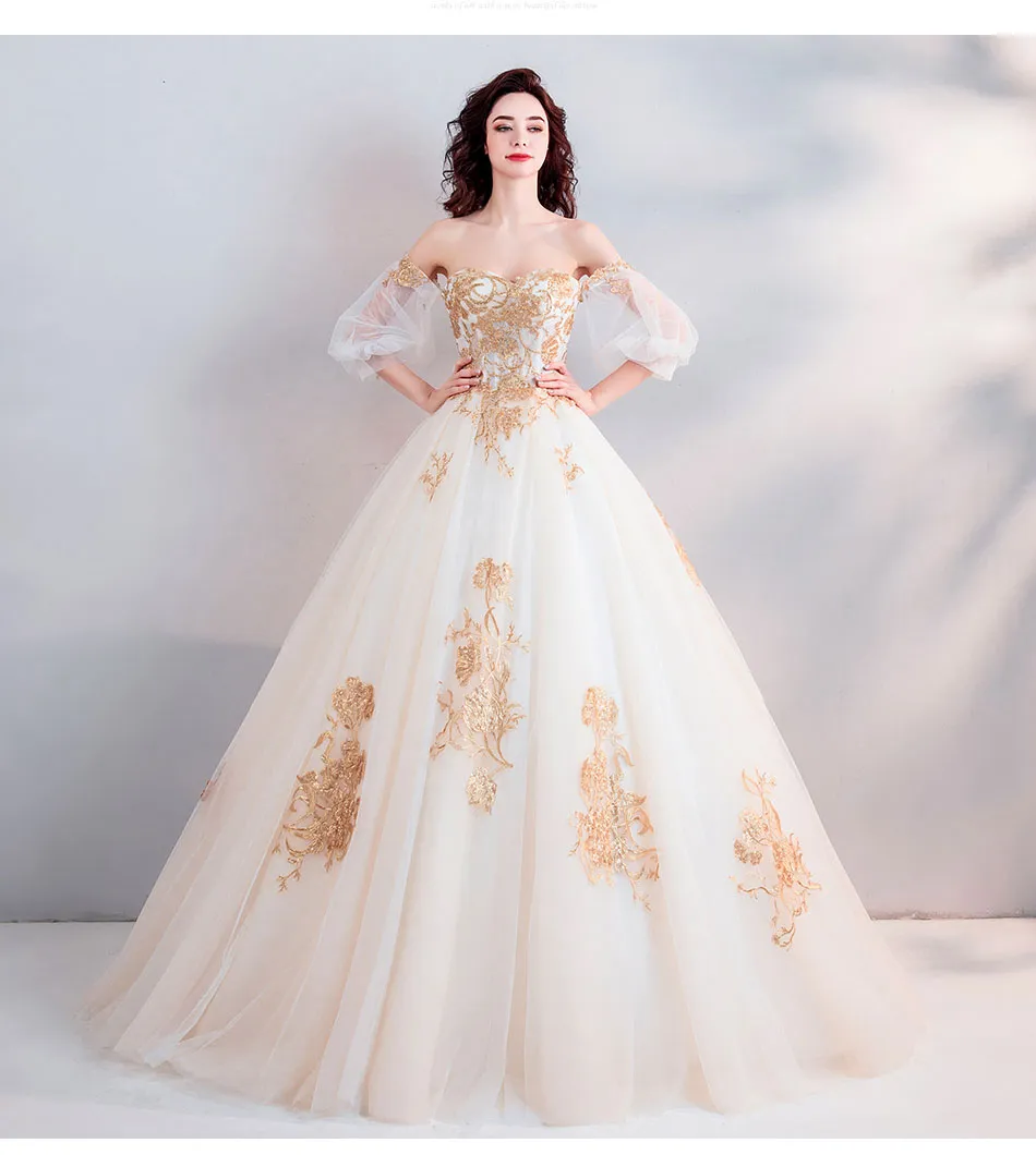 2019 Elegant Off Shoulder Gold Lace Ball Gown with Short Sleeves Arabic Princess Style Non White Bridal Dress