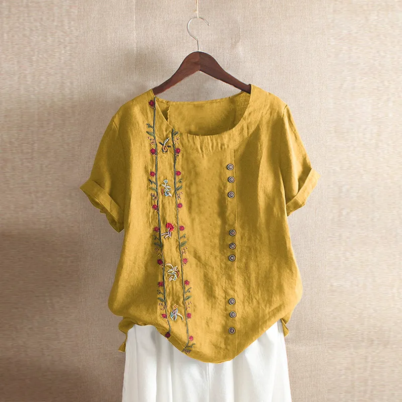 Chemisier Broderie Femmes 2020 l gante Lin Tunique Femme O Neck T shirt manches courtes d t Hauts surdimensionn es