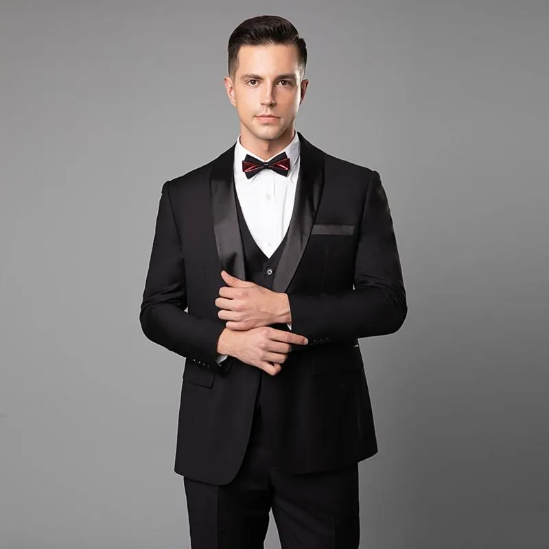 Costume 3 pièces pour hommes, costume décontracté, coupe cintrée, à revers, noir, Tuxedos pour