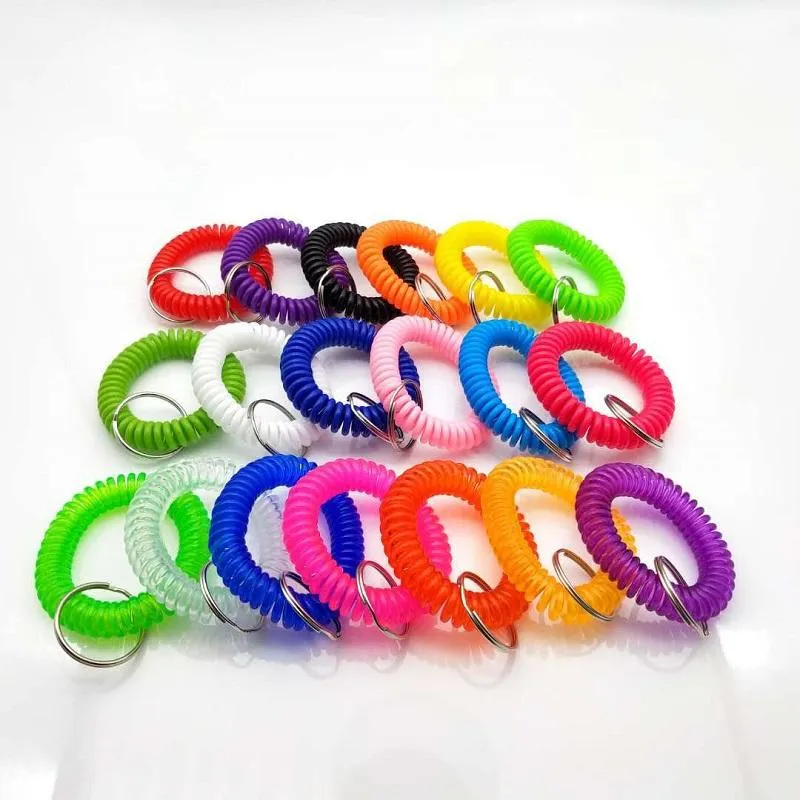 Telephone Wire Line Elastic Hair Bands Wristlet Key Ring Keychain Colorful Rope Spiral Shape Wrist Strap Keyring Key Chain Accessories
