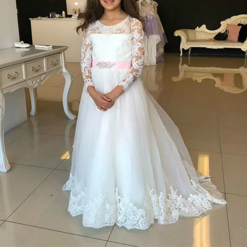 Princess 2019レースの女の子のページェントドレスサッシビーズチュールファーストコミュニオンドレスボールガウン子供フォーマルウェアの花の女の子のドレス