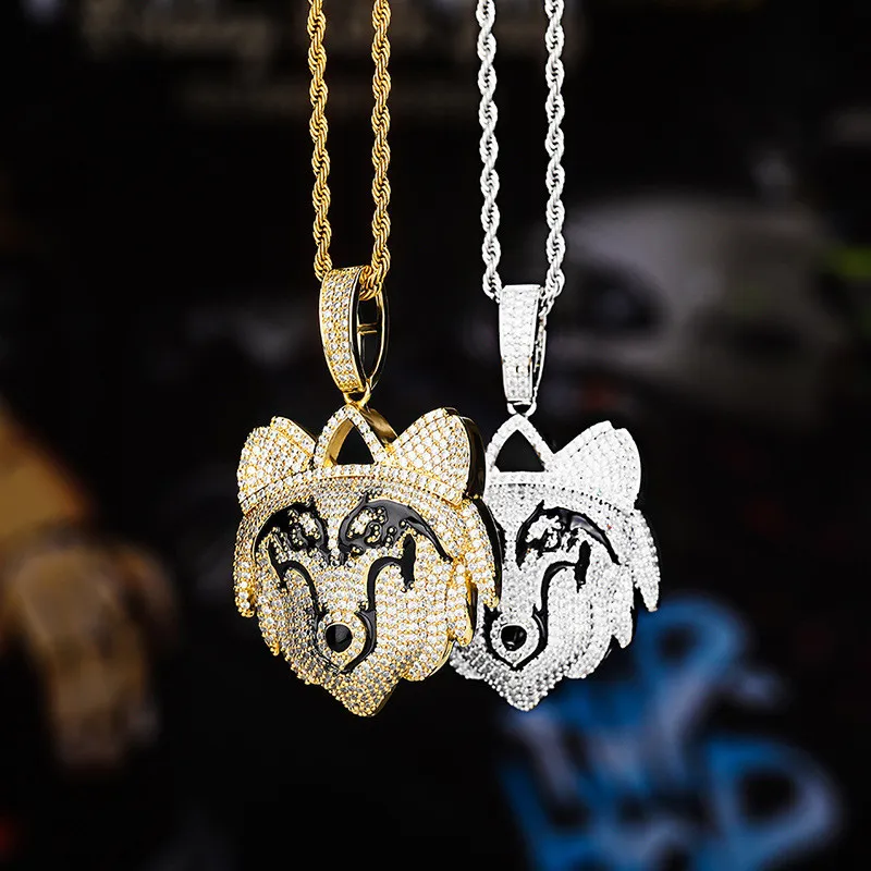 Hip Hop Iced Out Wolf Halskette Anhänger Gold versilbert mit Seilkette für Männer Frauen