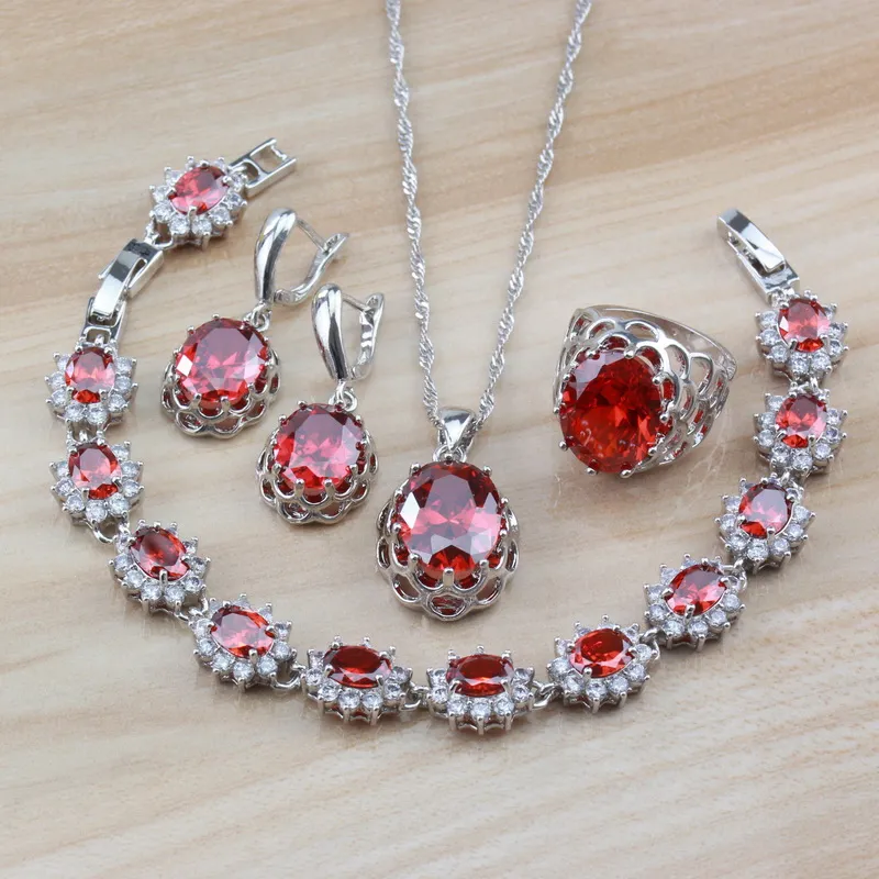 925 Silber Braut 4PCS Schmuck Sets für Frauen Kostüm rot Granat Zirkon baumeln Ohrringe/Halskette/Armband und Ring Sets