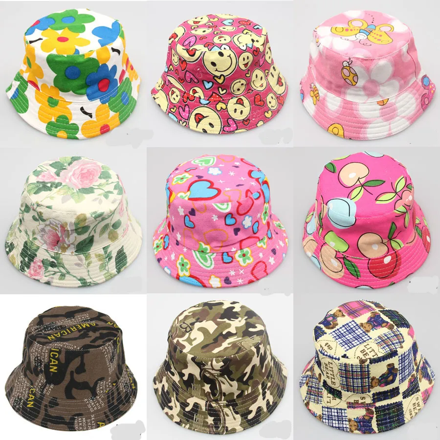 2-6T Bebé Estampado de dibujos animados Cubo Sombrero para el sol Floral Niños Verano Panamá Gorras Bebé Niñas Pescador Sombrero de paja Niños Niños Topee cap