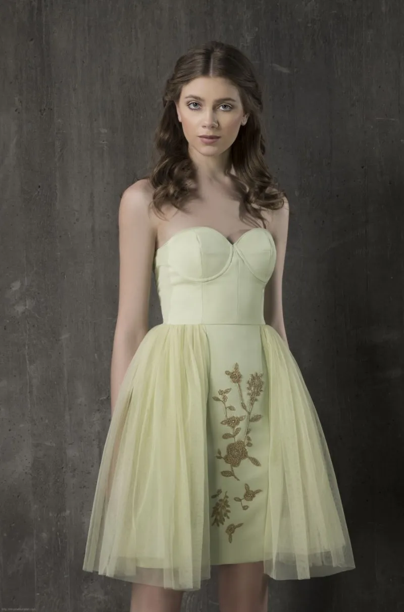 Light Yellow Lace Applique Strapless Knee-Length Sage Homecoming Dress - Elegant Party Evening Gown