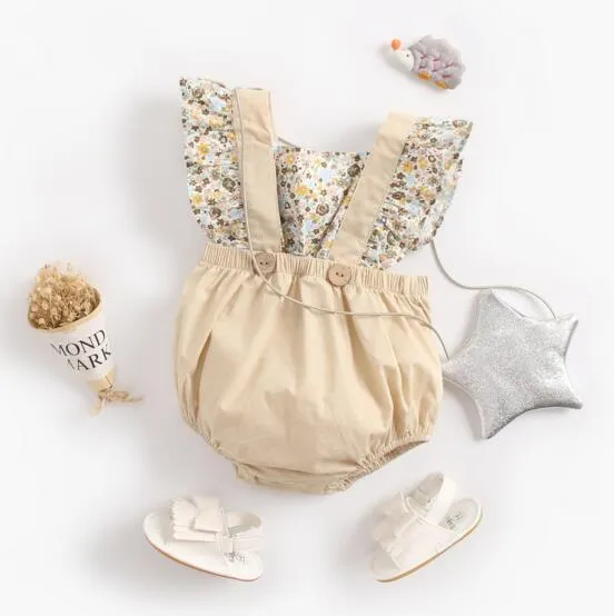 Baby scherzt Entwerfer kleidet Spielanzug-ärmellosen kakifarbenen gelben Patchwork-Spielanzug, der Baumwollmädchenspielanzug 100% 0-2T kleidet