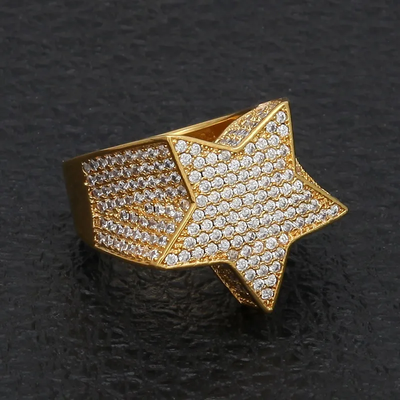 Hip hop erkek takı yüzüğü beş noktalı yıldız bling buzlu zirkon moda hiphop gül altın gümüş yüzük