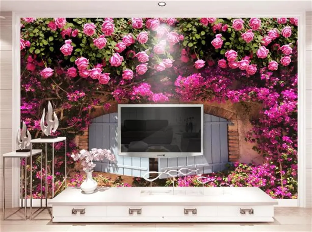 Papier Peint Mural 3d Rose Rose Fleur Romantique Esthétique 3D Salon Chambre Fond Décoration Murale Papier Peint