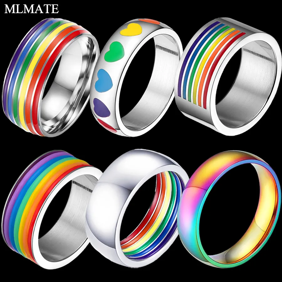 Mens Womens Rainbow Colorful LGBT Ring Stainless Steel Wedding Band Lebian & Gay Rings