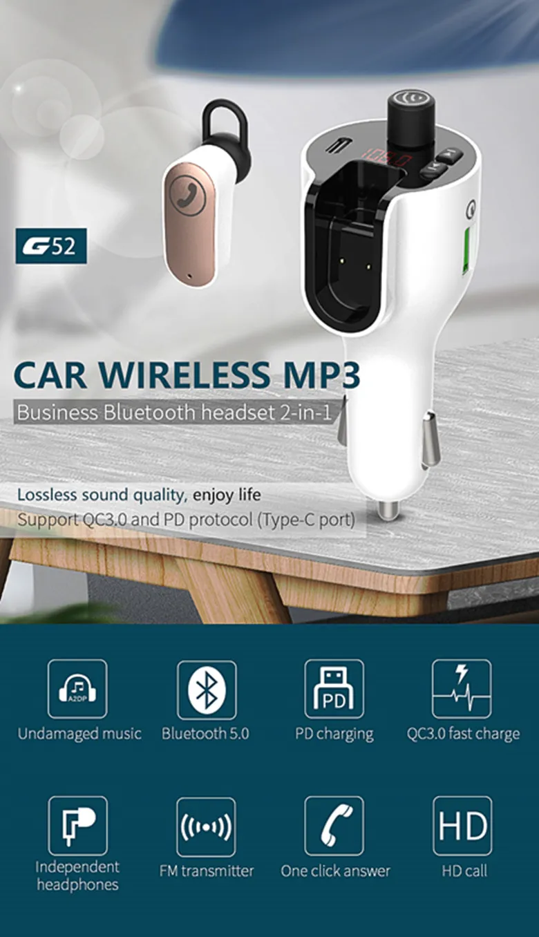 2 i 1 Bluetooth-drivrutin Headset FM-sändare Radiomottagare MP3 Player Audio Adapter Handsfree Car Kit med snabb laddare QC 3.0