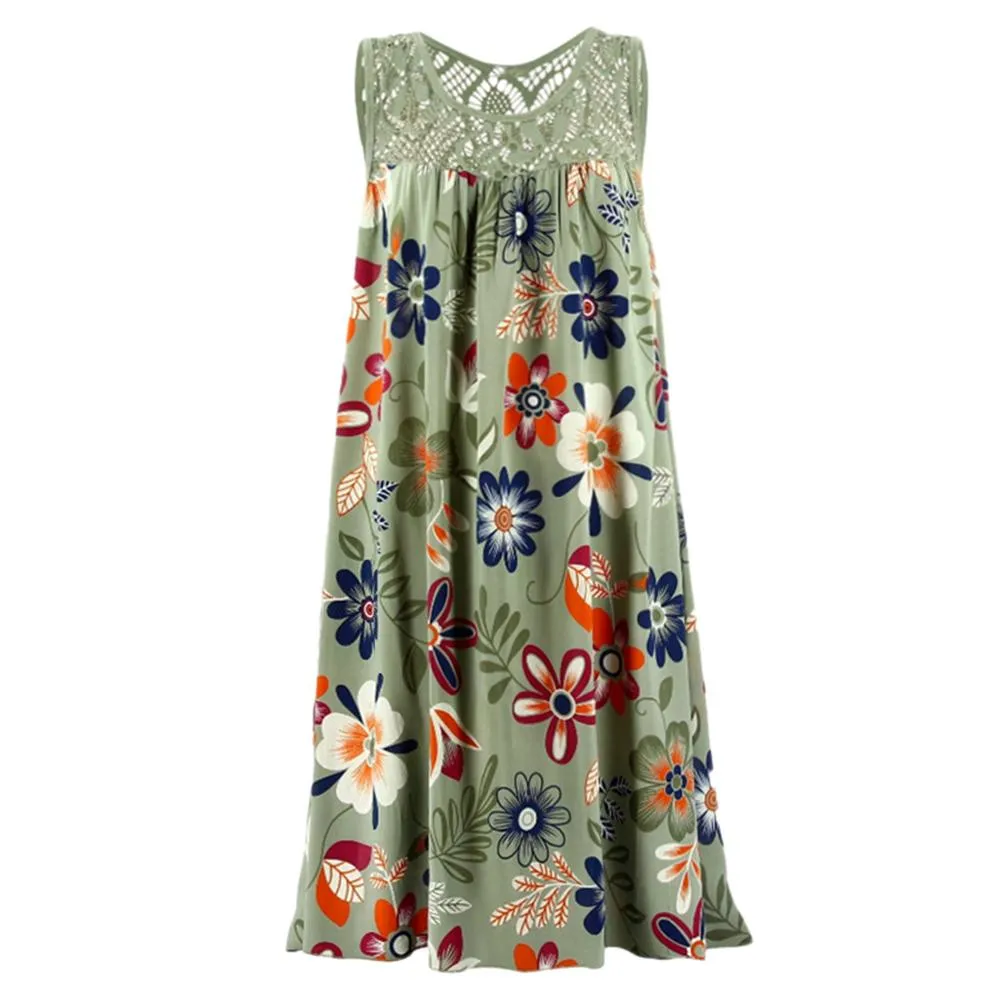 2019 New Stylish Female's Kleid Women Summer Round Neck Sleeveless Boho Dress Abito stampato allacciato Abito da donna alla moda