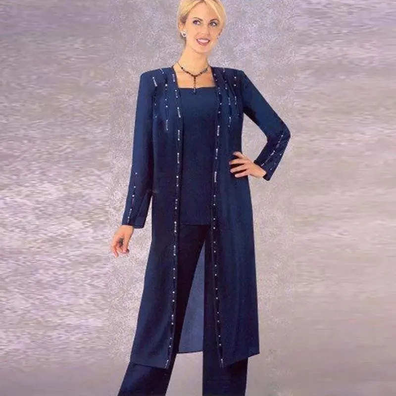 Karanlık Donanma Üç Parça Gelin Pantolonunun Annesi Kare Boyun Uzun Kollu Düğün Konuk Elbiseleri Şifon Artı Boyut Boncuklu Resmi Elbise