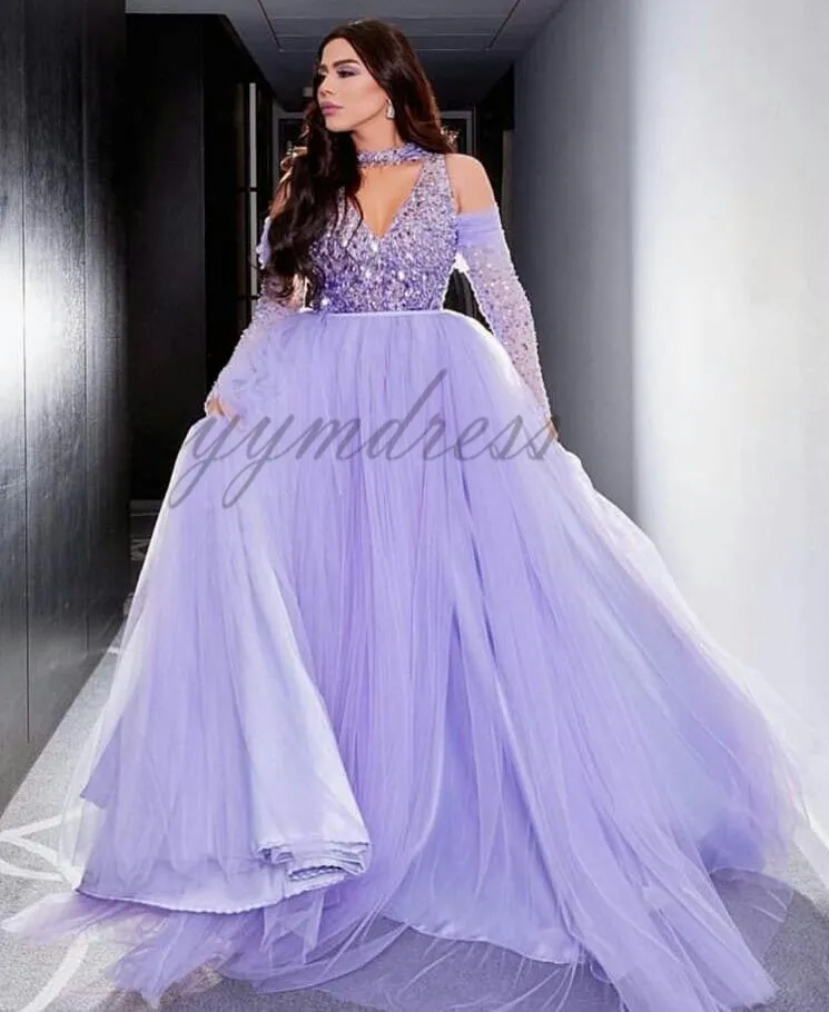 Lavender Prom Dresses 2019 V Neck Long Sleeve Floor Length Crystal Saudi Arabia Evening Dress Zipper Back Formal Party Gowns