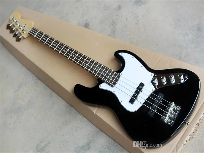 Guitare basse électrique Jazz 4 cordes noire personnalisée en usine, Pickguard blanc, matériel chromé, offre personnalisée