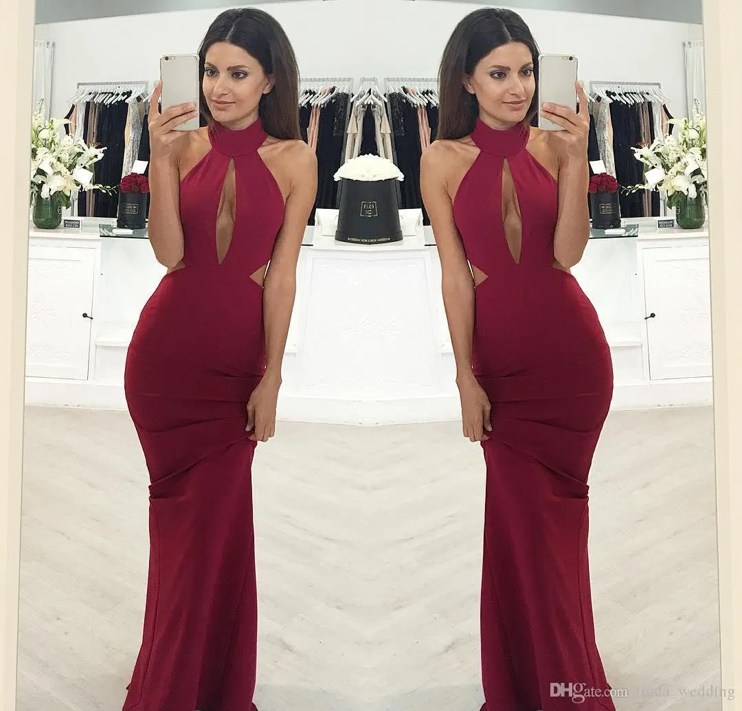 Hot Sale Halter Mermaid Prom Dress Dark Red Graduation Evening Party Gown Custom Gjorda Plus Storlek