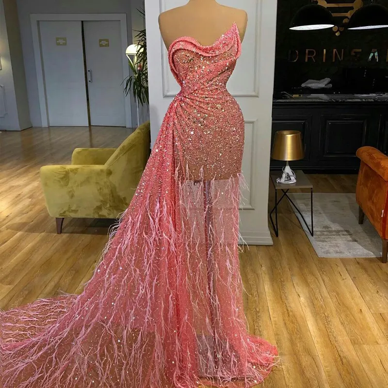 Rosa Sequined Mermaid Prom Klänningar Illusion Sweetheart Neck Feather Sparkly Sequins Evening Gowns Party Club Wear Dress