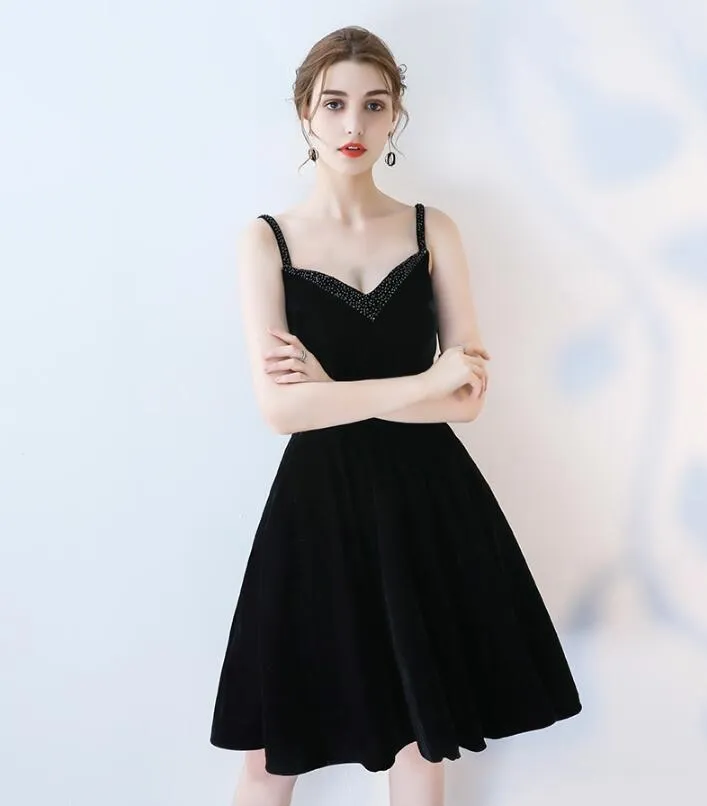 Handmade Beaded V-Neck Strap Black Velveteen Black Midi Evening Dress - High-Quality Formal Prom Gown HY092