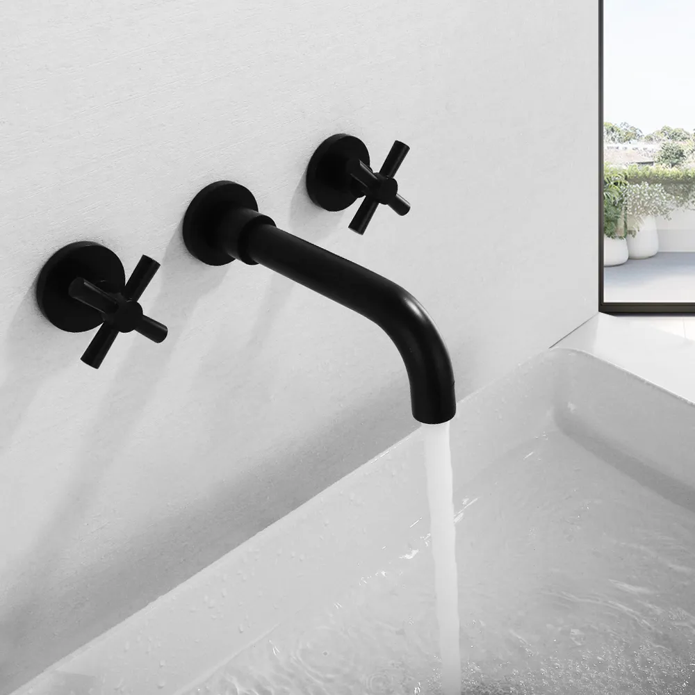 thumbnail image 2 of Matte Black Wall Mount Bathroom Sink Mixer Faucet – Single Handle Brass Taps (Model 8870B) 2 of 4