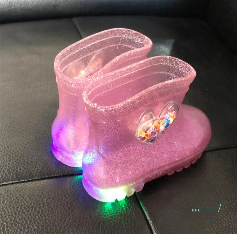 Dzieci Rainboots Buty Dziewczyny Baby Galaretki Buty Led Lights Wodoodporna Przezroczysta Księżniczka Księżniczka Krótkie Buty A110705