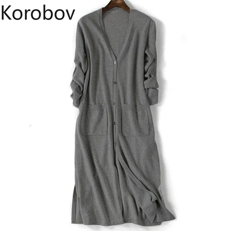 Korobov Koreański Single Breasted Długi sweter Kobiety Lato Z Długim Rękawem Knit Cardigan Kieszenie Oversize Sueter Mujer 78413