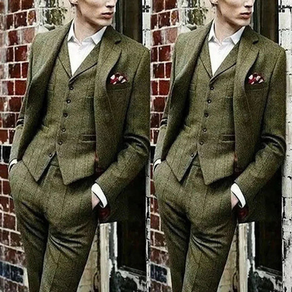 Yakışıklı Erkekler Kontrol Tweed 3 Adet Slim Fit Biçimsel Damat İşadamı Smokin Custom Made Blazer Ceket (ceket + Vest + Pantolon) Wear Takımları