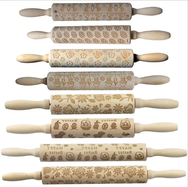 Påsk Embossing Rolling Pin Bakning Kakor Nudel Biscuit Fondant Cake Dough Graverad Roller Kök DIY Cookies Tool