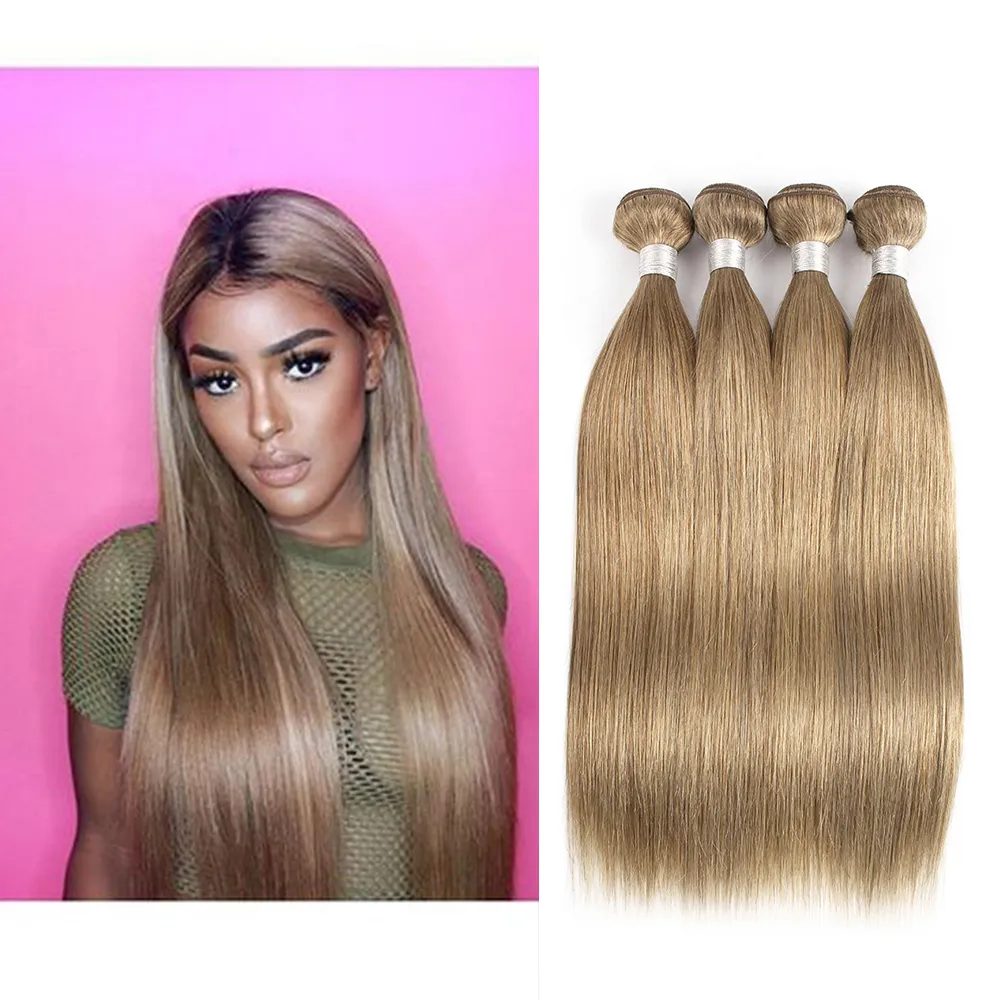 Ask blondin rakt hår vävbuntar # 8 brasilianska malaysiska indiska peruanska remy mänskliga hårförlängningar 3 eller 4 buntar 16-24 tum