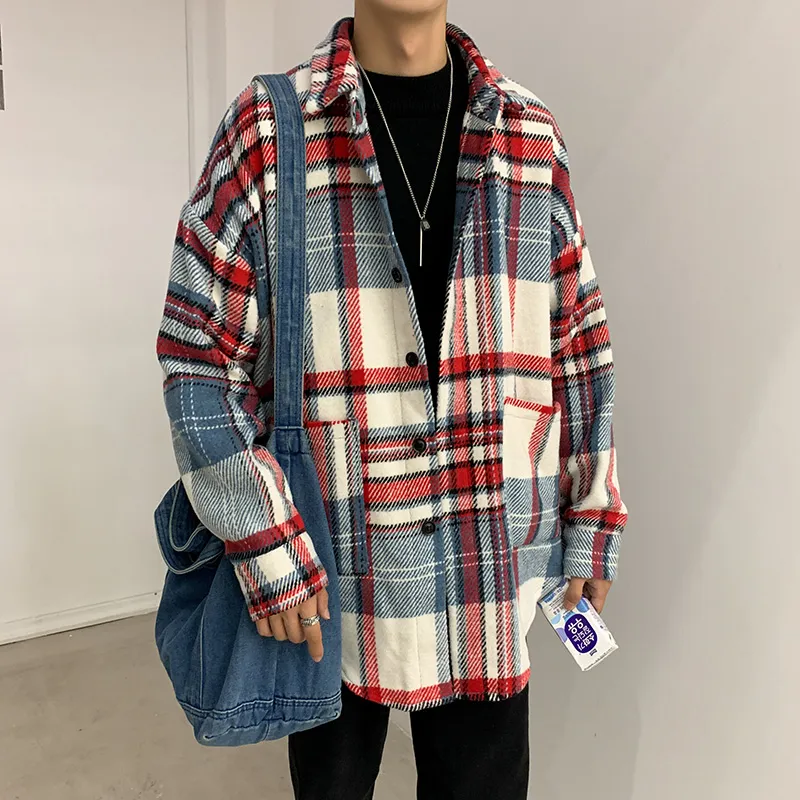 Flannel Shirt 남자 긴 소매 겨울 캐주얼 한국어로 느슨한 패션 빈티지 망 셔츠 격자 무늬 대형 남성 탑스와 블라우스