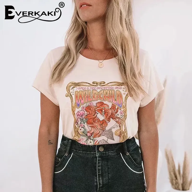 Everkaki Boho Çingene Kız Baskı T-shirt Pamuk Vahşi Çocuk Kayısı Tops O Boyun Bohemian Üst T-Shirt Kadın 2019 İlkbahar Yaz Yeni J190427
