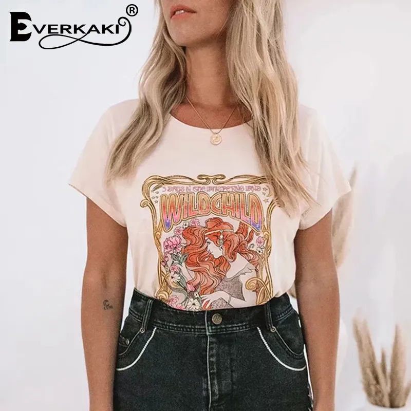 Everkaki Boho Menina Cigana Impressão T-shirt Tops de Algodão Selvagem Criança Apricot O Pescoço Top Bohemian T-shirt do Sexo Feminino 2019 Primavera Verão Novo J190427