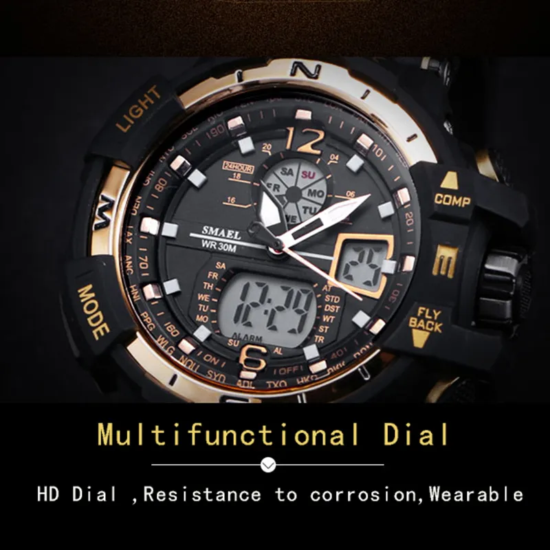 Smael Luxury Man Sport Waterproof Shock Resitant Luxury Men's Wrist Watch S Shock 1376 Digital Clock Led Mens Watches Gold2966