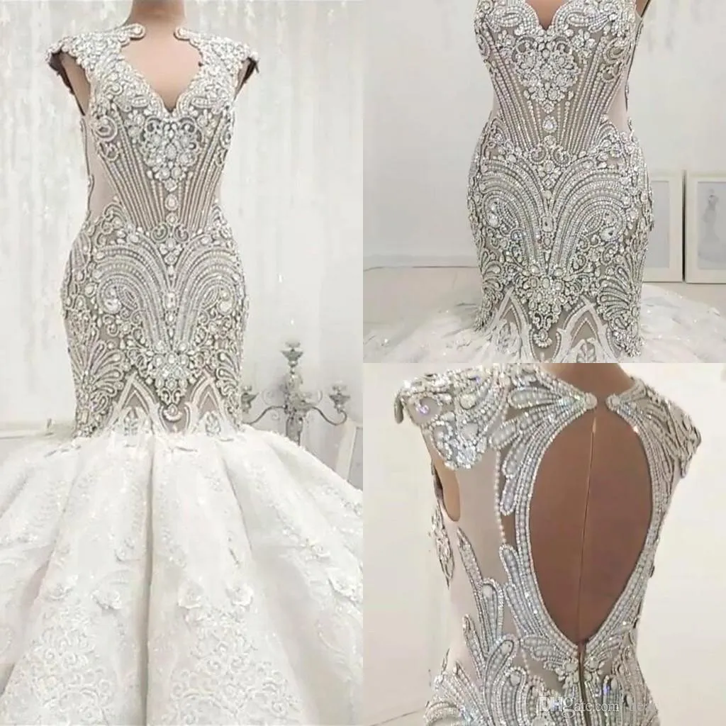 Luxury Beading Crystals Mermaid Wedding Dresses Sheer Jewel Neck Sleeveless Lace Appliques Wedding Dress Bridal Gowns Plus Size