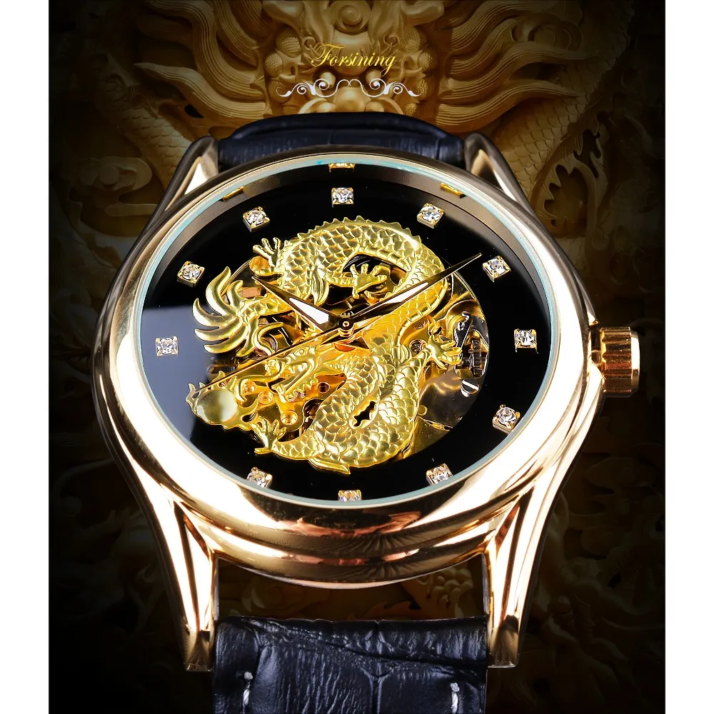 ForSining Diamond Display Dragon Golden Display Luminous Hand Transparent Men Watch Top Brand Luxury Waterproof Mechanical Watch206J
