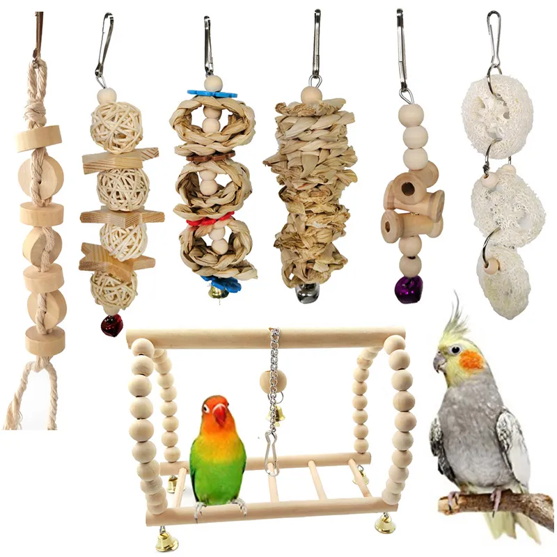 7 pièces/lot combinaison perroquet jouet oiseau Articles perroquet jouet à mâcher oiseau jouets drôle balançoire balle cloche debout formation jouets